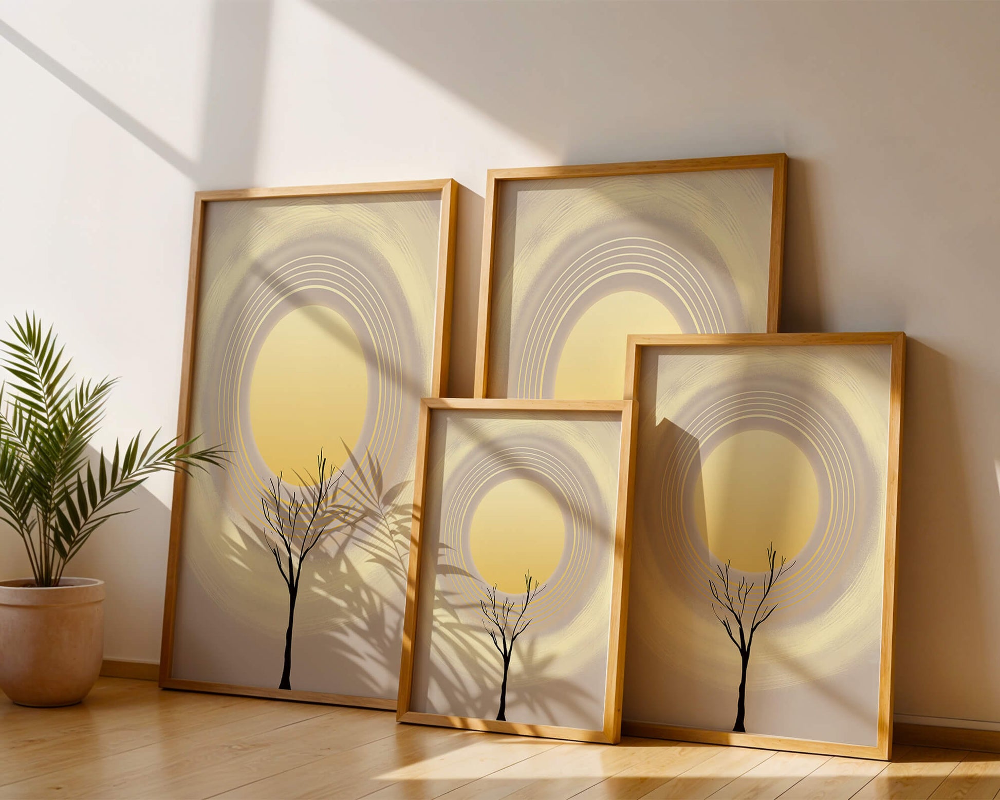 Silueta estilizada de un árbol con círculos concéntricos y un sol grande