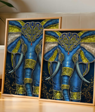 Blue and gold ornate elephant with intricate patterns