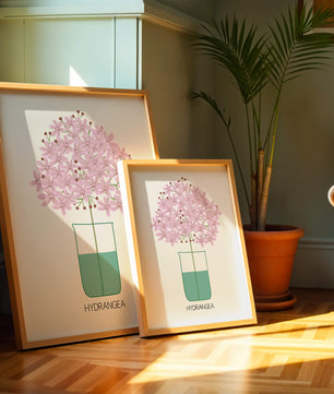 Illustration von Hortensienblüten in einer Vase mit eleganter Linienkunst