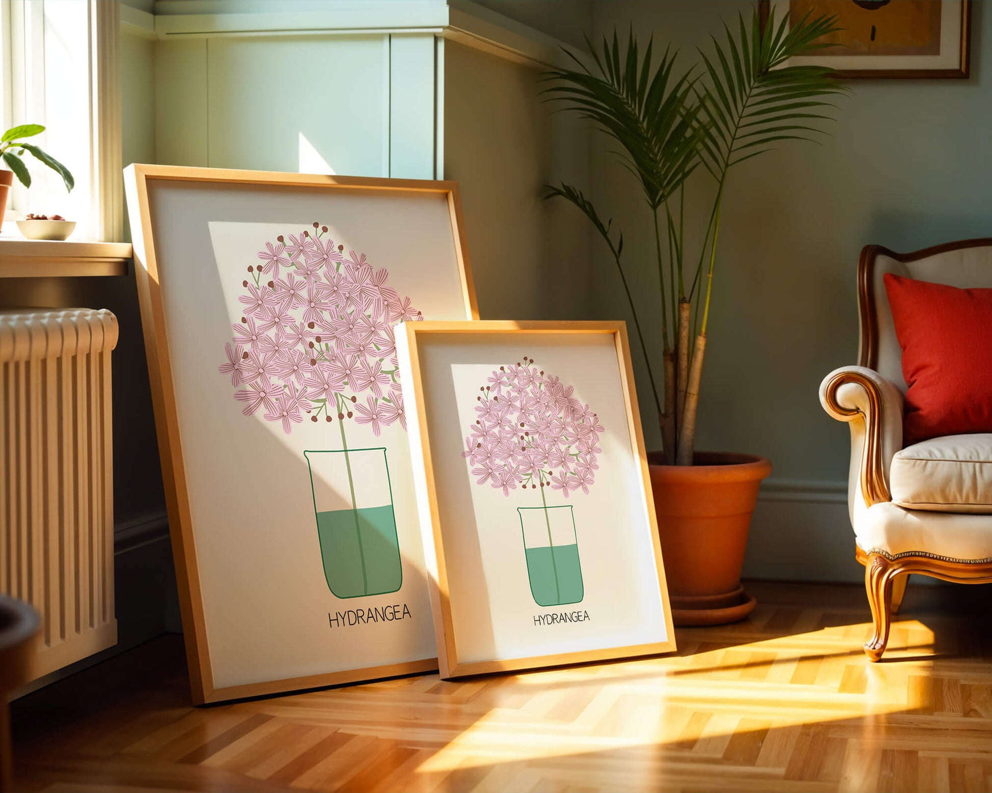 Illustration von Hortensienblüten in einer Vase mit eleganter Linienkunst