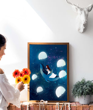 Dreamlike scene of a girl riding a whale among jellyfish in space