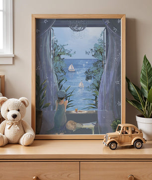 Serene seaside view from an open window with a sailboat and relaxing atmosphere