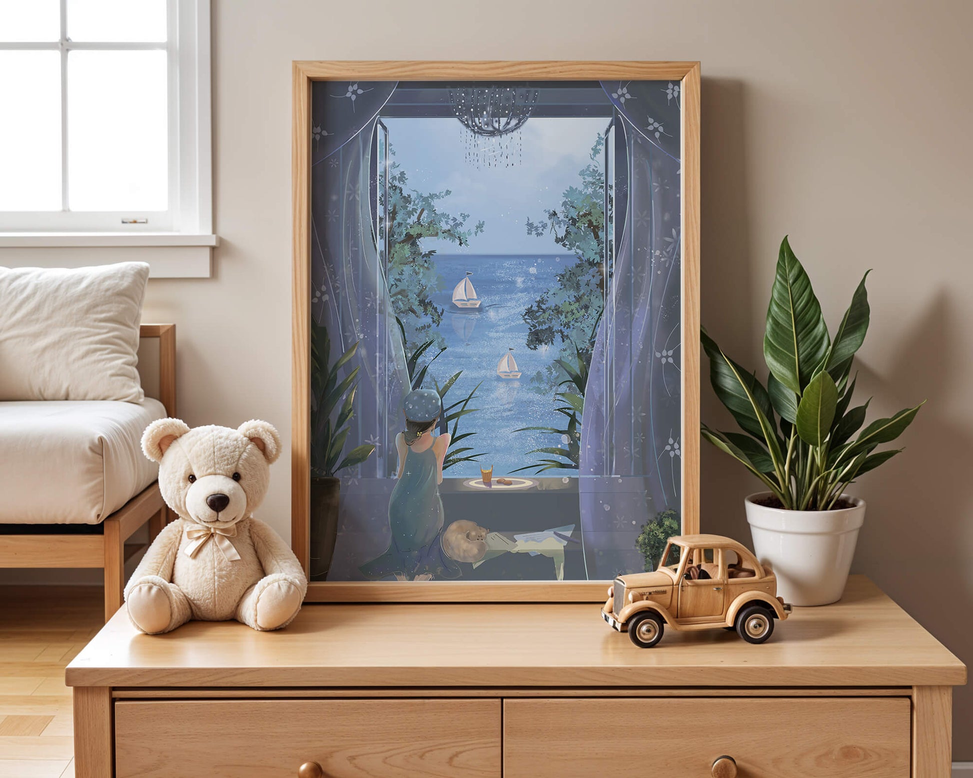 Serene seaside view from an open window with a sailboat and relaxing atmosphere