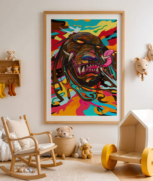 Cabeza de león abstracta y colorida con remolinos vibrantes