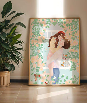 Romantic Kiss Amidst Blooming Flowers And Playful Cat