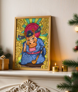 Ilustración colorida de un personaje animal caprichoso con alrededores ornamentados