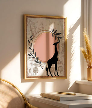 Von der Natur inspiriertes Kunstwerk mit Giraffensilhouette und botanischen Elementen
