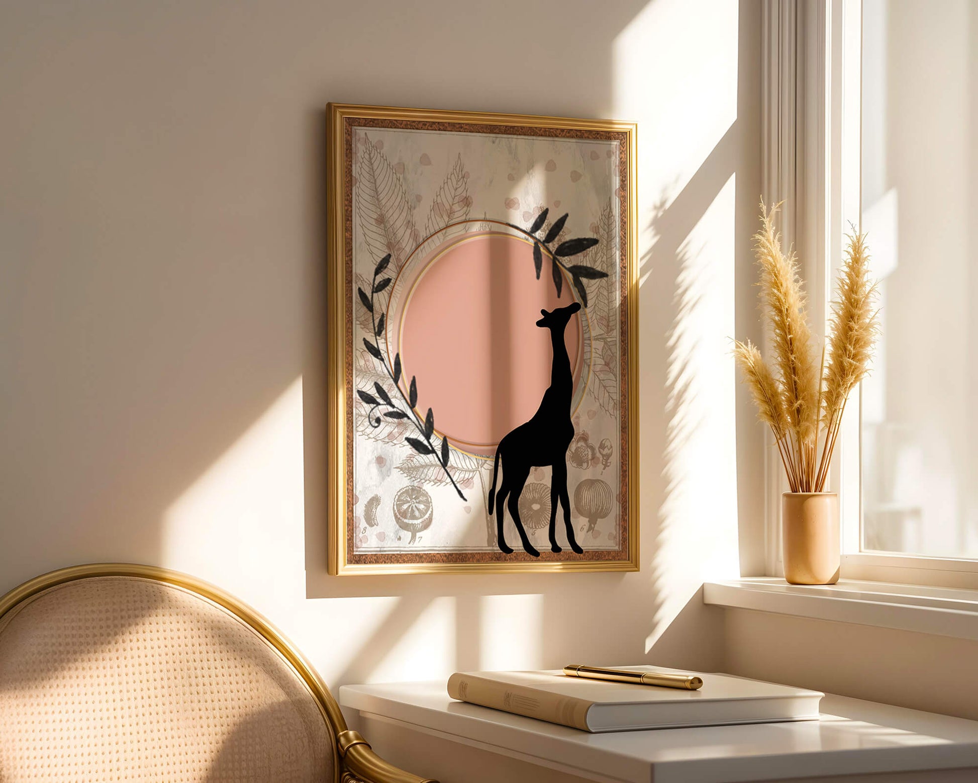 Nature-inspired artwork with giraffe silhouette and botanical elements