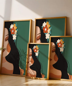 Elegante Illustration einer Frau mit floralem Haarteil