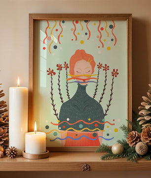Whimsical Abstract Art of a Woman with Flowers and Streamers - Mi tienda