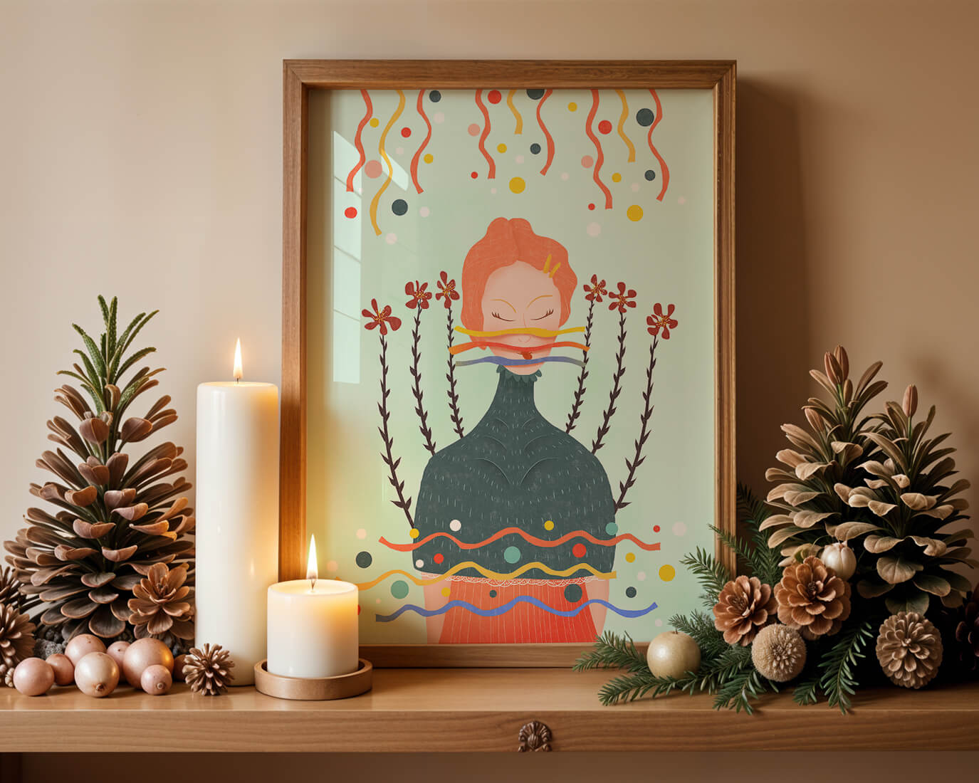 Whimsical Abstract Art of a Woman with Flowers and Streamers - Mi tienda