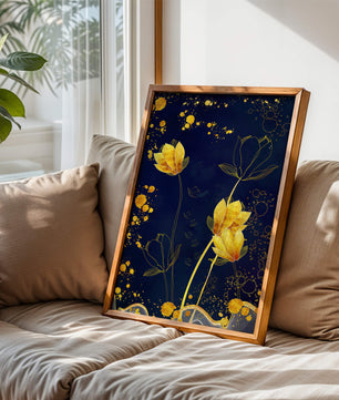 Diseño floral elegante con flores doradas sobre fondo azul marino