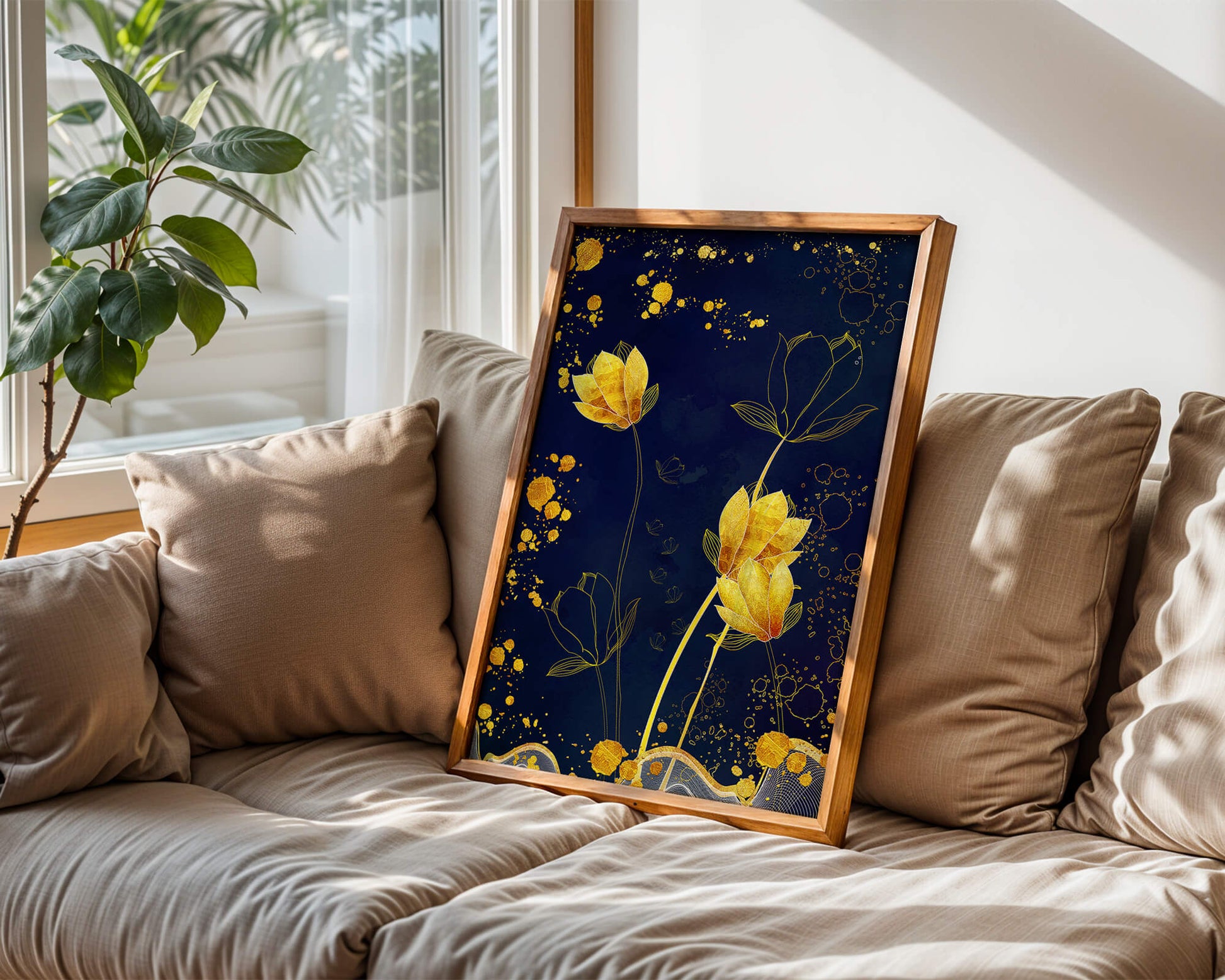 Diseño floral elegante con flores doradas sobre fondo azul marino