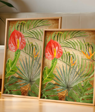 Colorful botanical illustration with tropical leaves on textured background