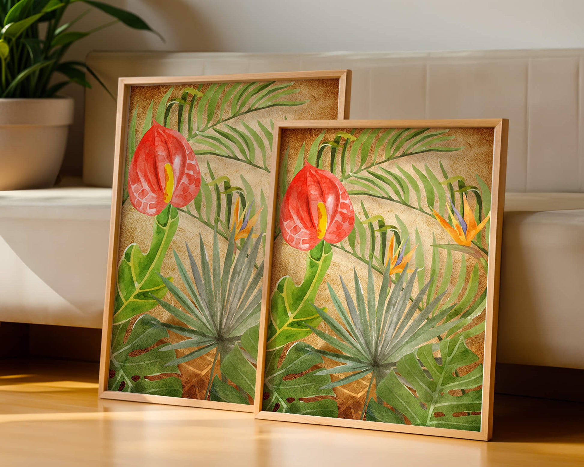 Colorful botanical illustration with tropical leaves on textured background