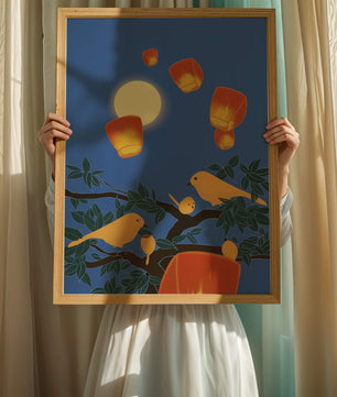 Lanterns and Birds Under the Night Sky