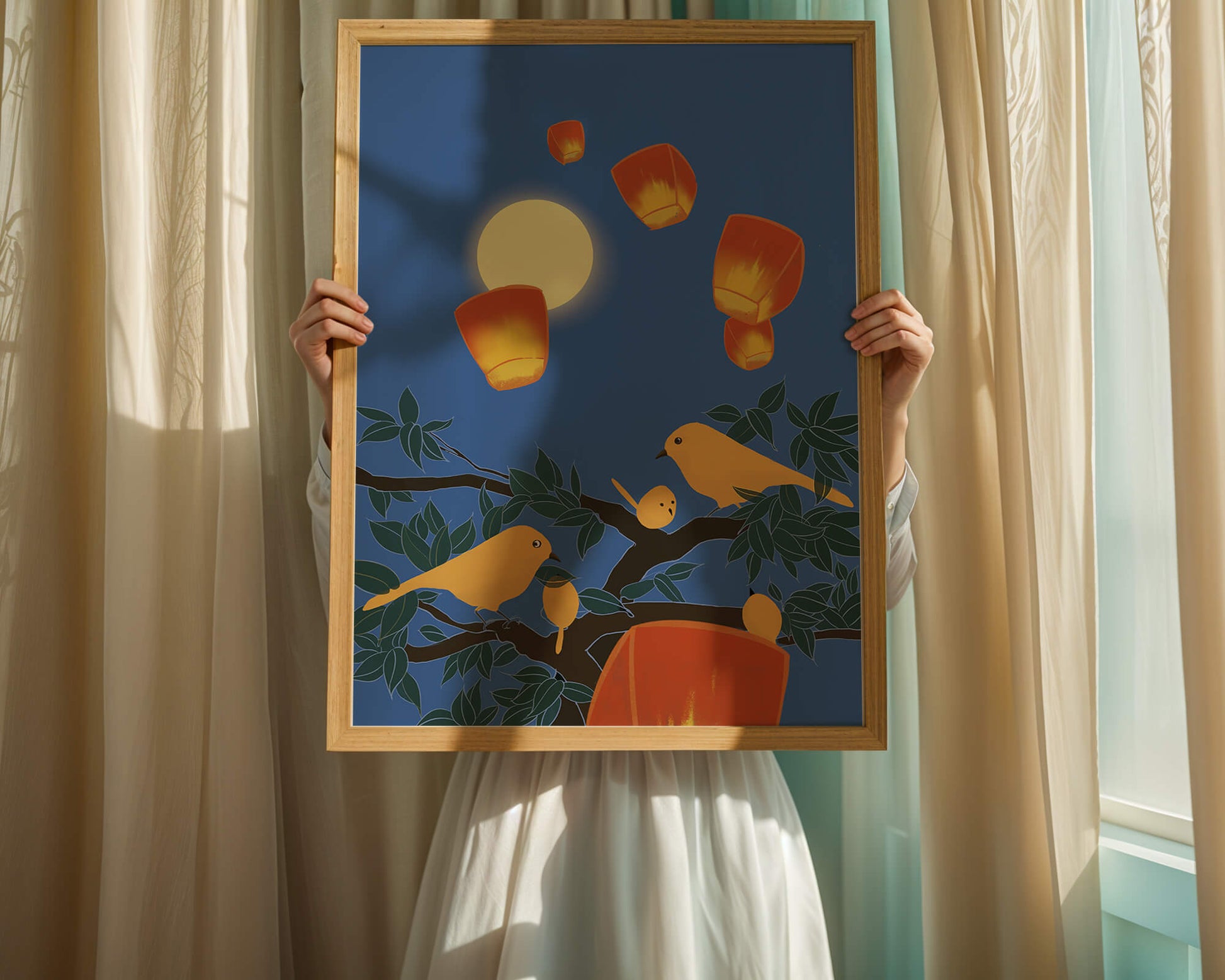 Lanterns and Birds Under the Night Sky