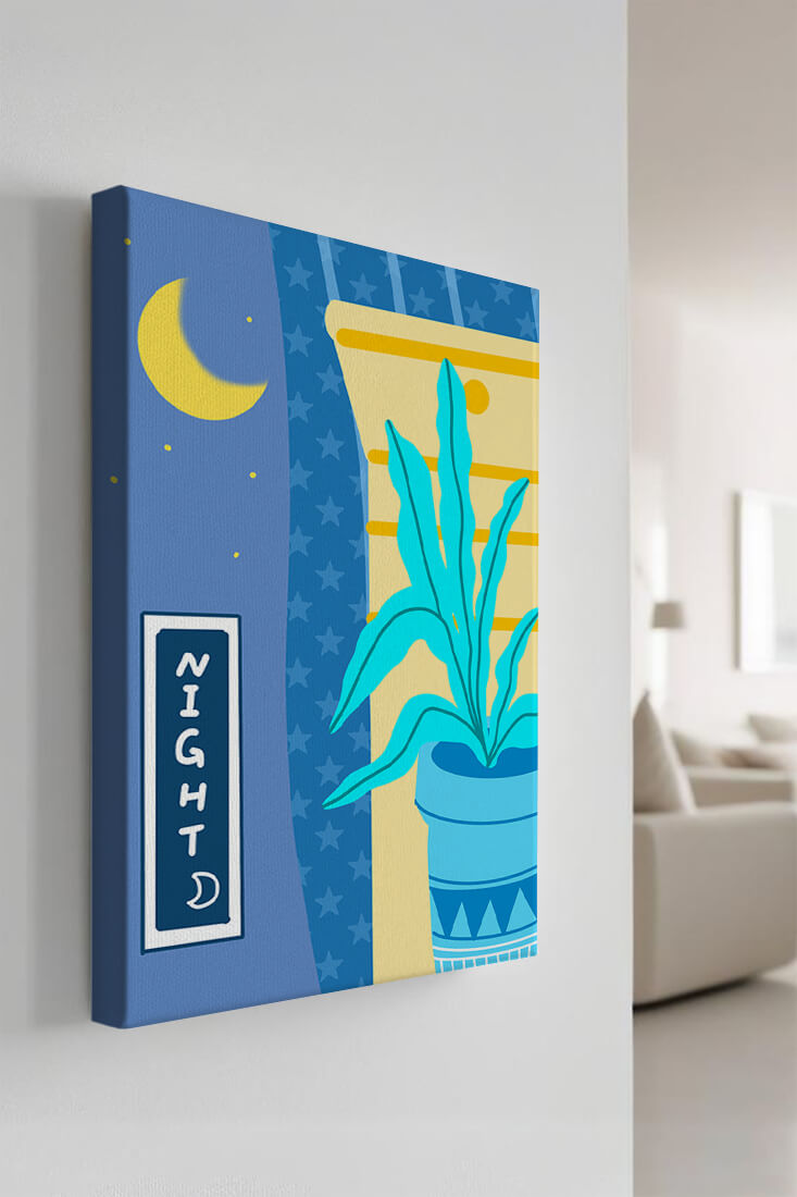 Nighttime plant illustration with crescent moon and starry background