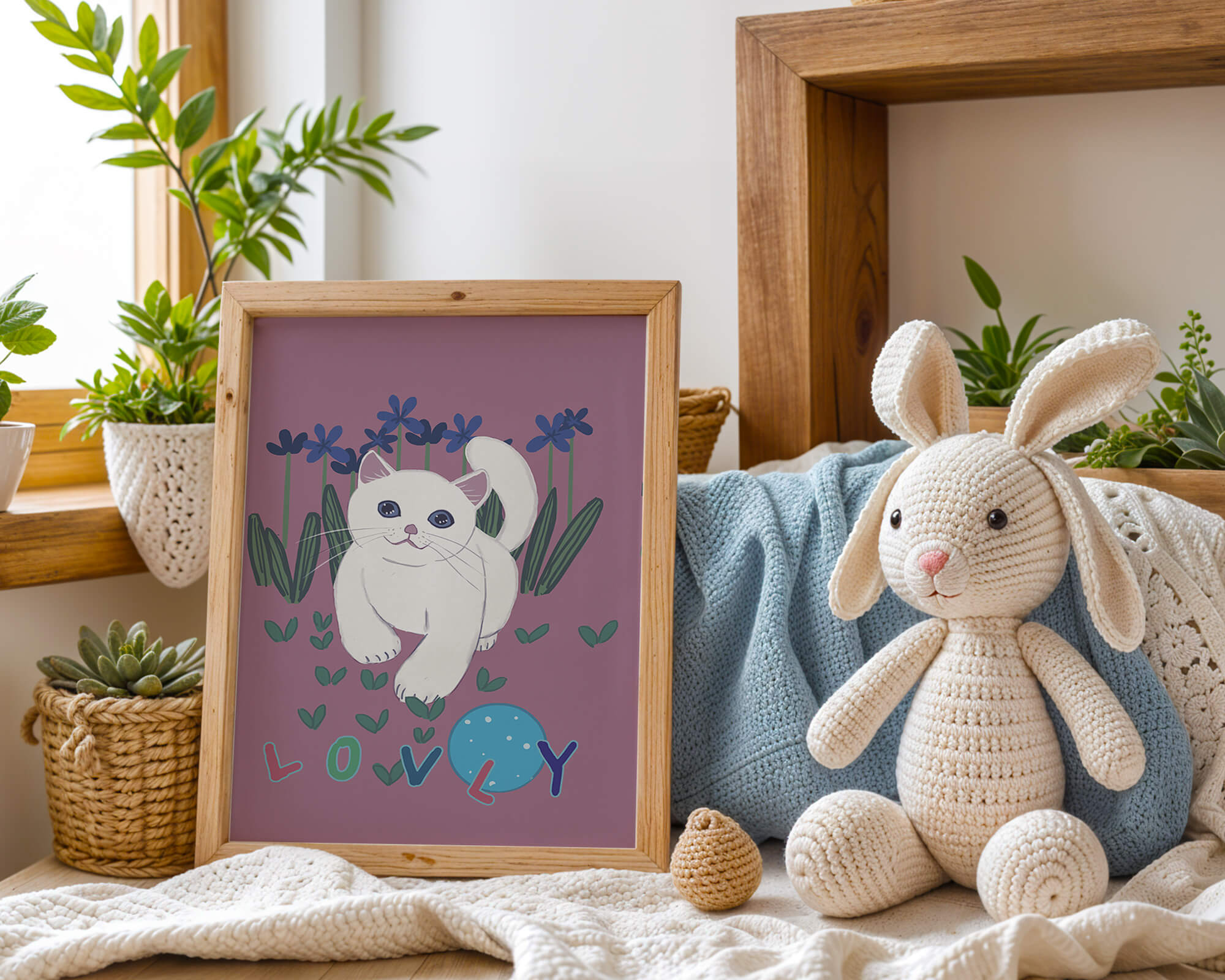 Charming illustration of a white cat in a floral field with playful text