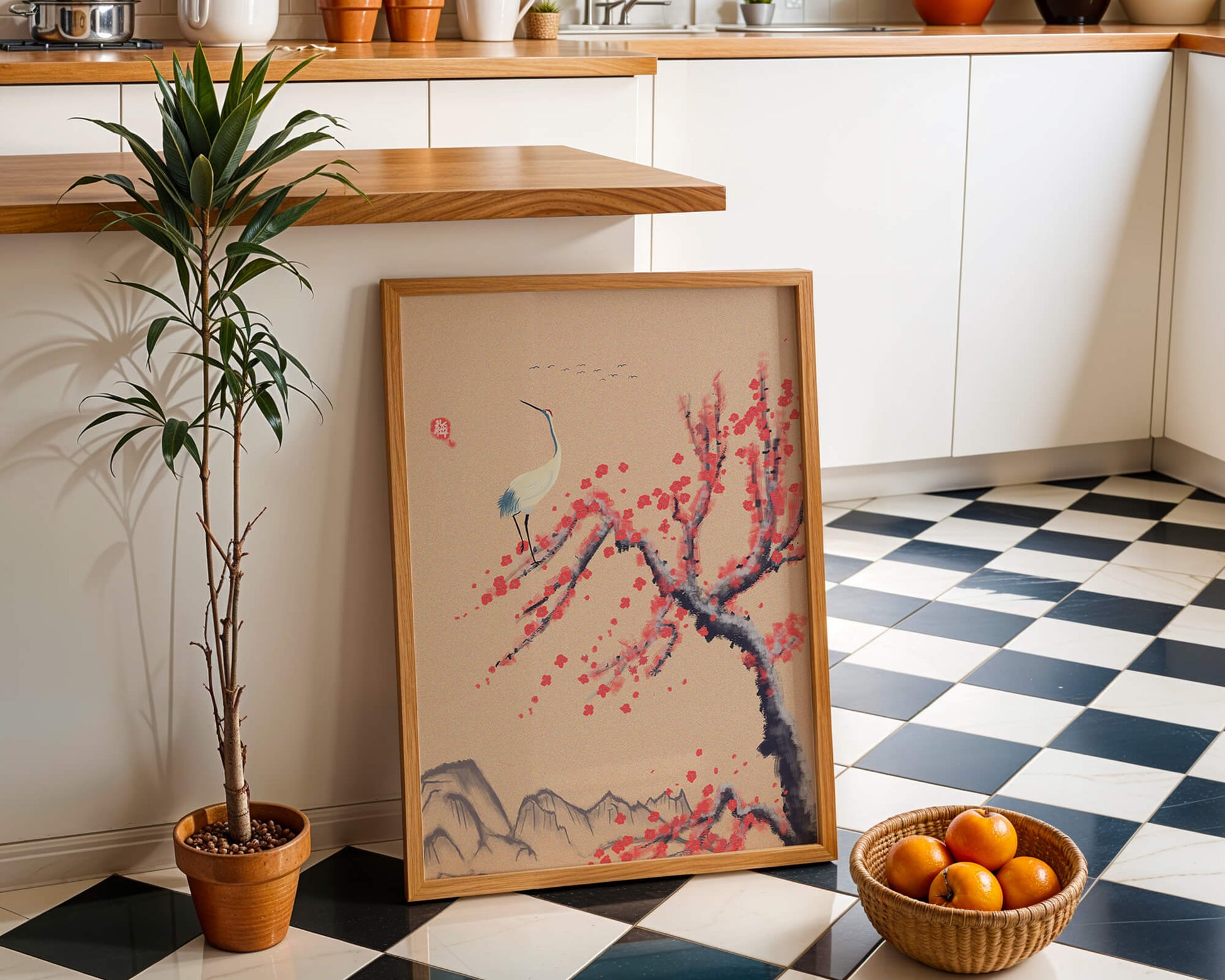 Elegant crane on cherry blossom tree with mountainous background