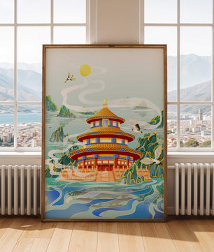 Alter chinesischer Pavillon am Wasser mit Kranichen und Bergen