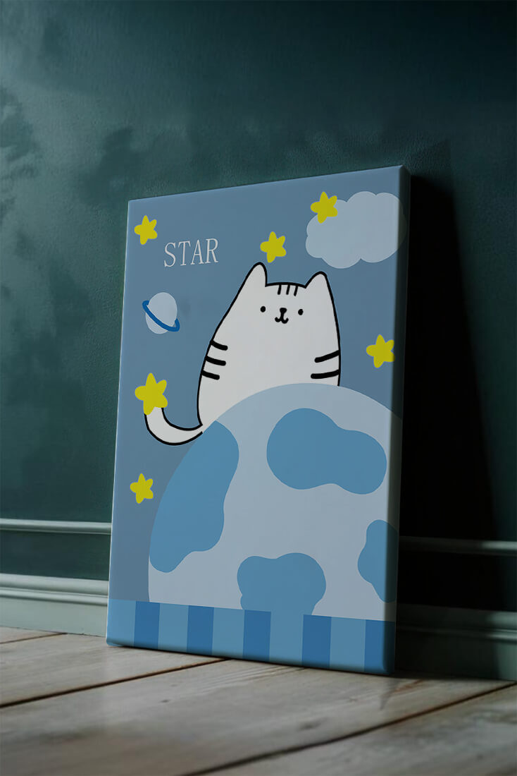 Illustration of a cute cat in space with stars and planets