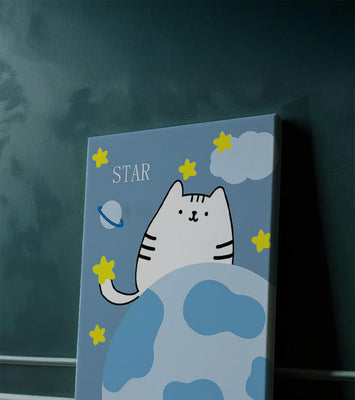 Illustration of a cute cat in space with stars and planets