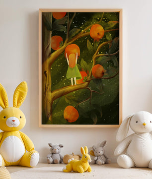 Little Girl Picking Oranges on a Starry Night