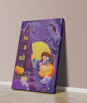 Charming Halloween scene with a girl on a pumpkin near a haunted house