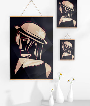 Stylized Portrait of a Woman in a Hat with Geometric Elements - Mi tienda