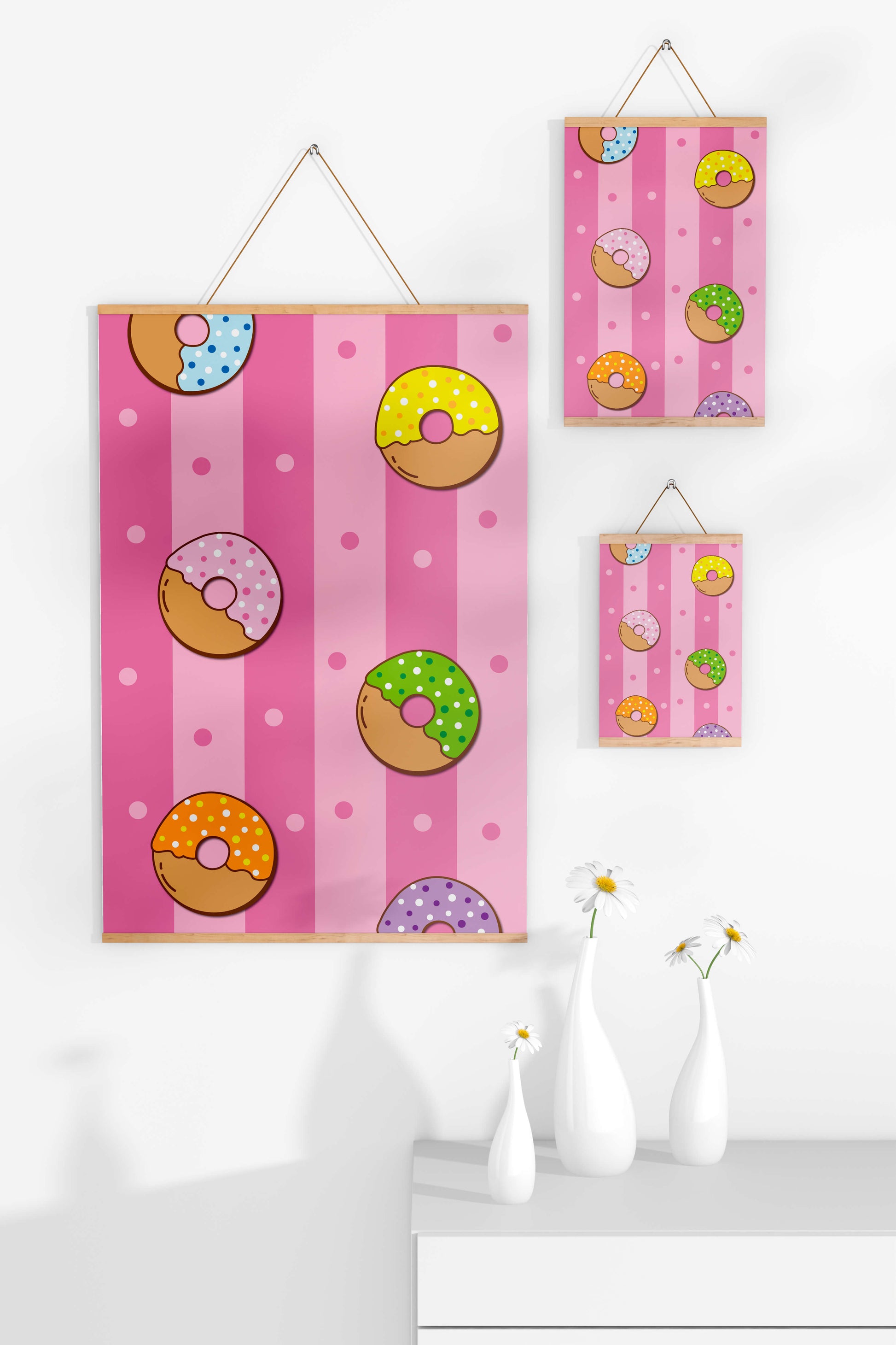 Colorful donut pattern on pink striped background