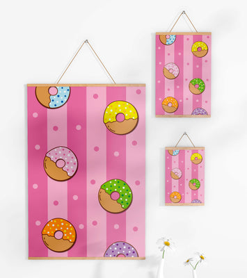 Colorful donut pattern on pink striped background