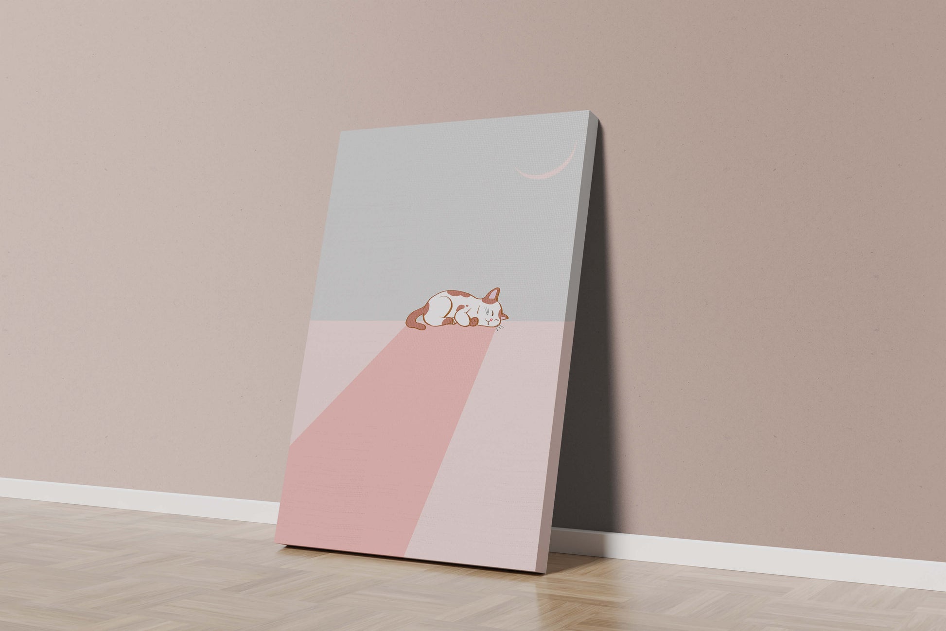 Sleeping Cat in Minimalistic Moonlit Scene