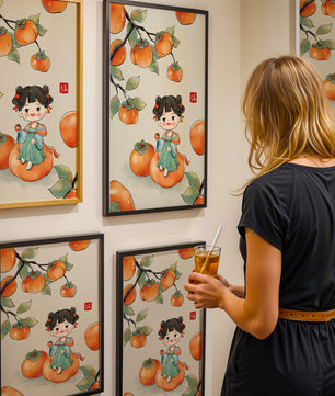 Illustration of a girl sitting on a persimmon surrounded by fruit and leaves