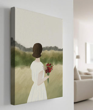 Woman in White Dress Holding Bouquet Facing Nature