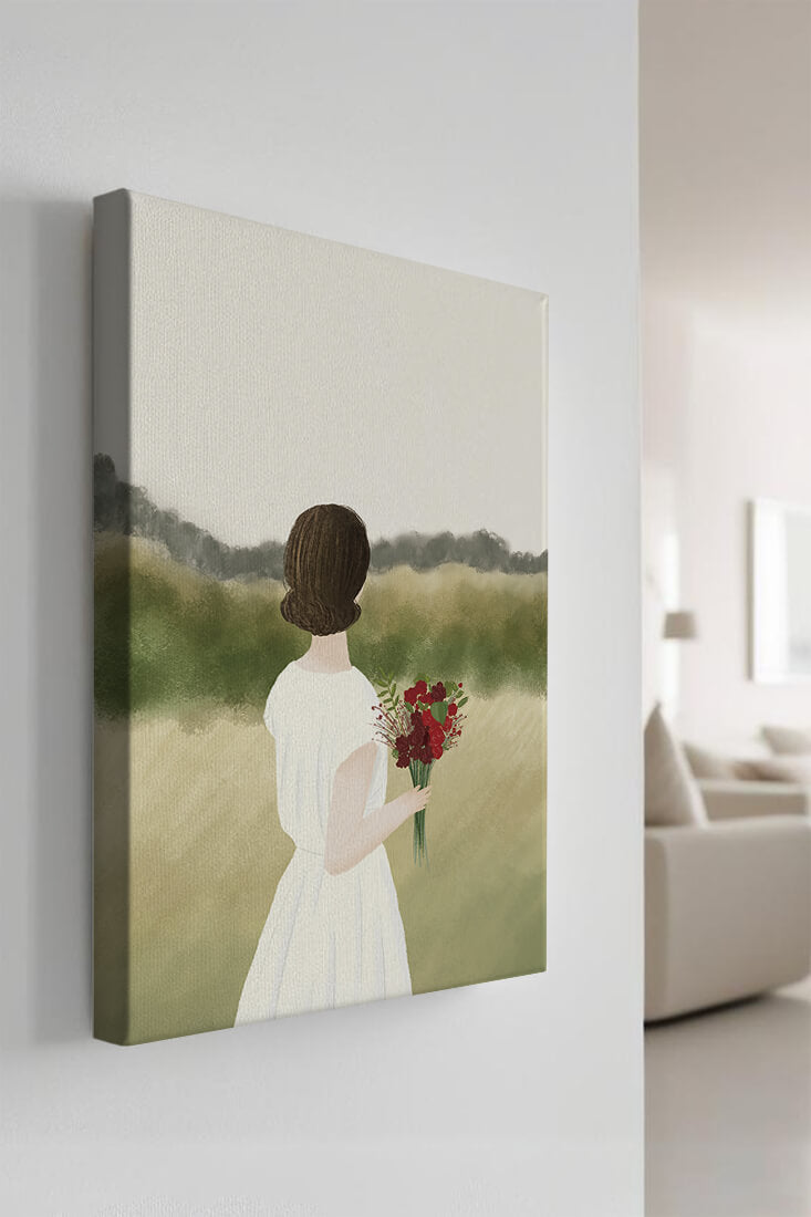Woman in White Dress Holding Bouquet Facing Nature