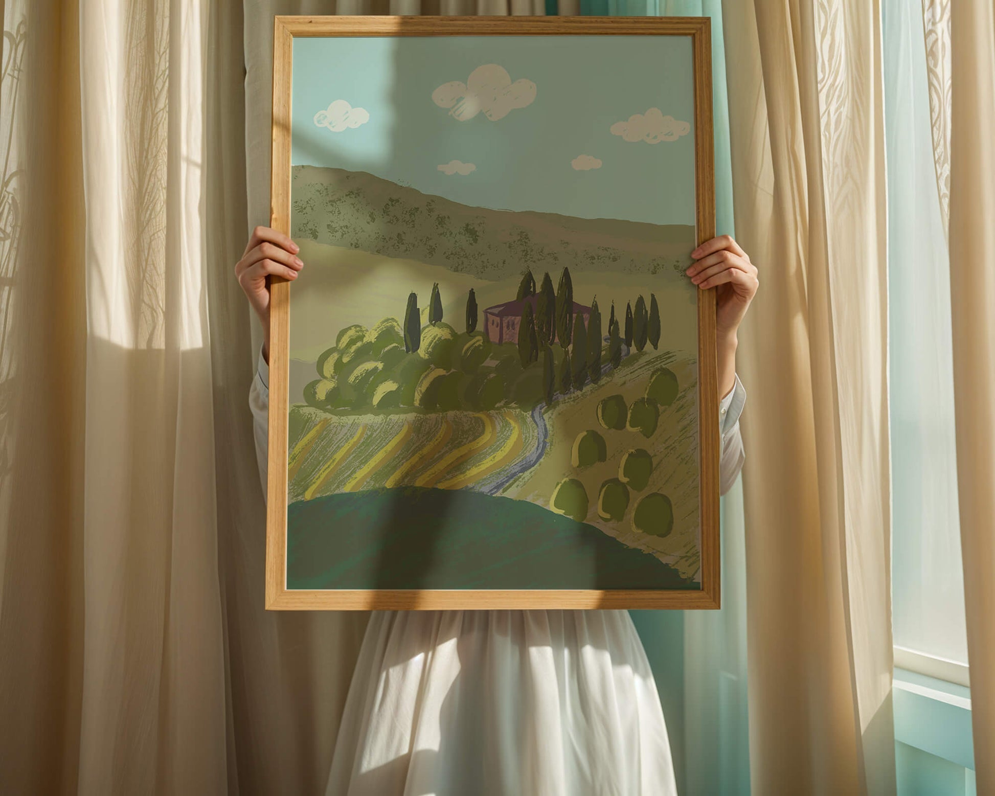 Charming Tuscan Countryside Landscape with Rolling Hills and Cypress Trees