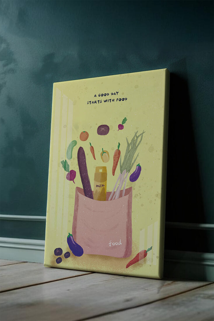 Ilustración de vegetales frescos y leche en una bolsa de comestibles