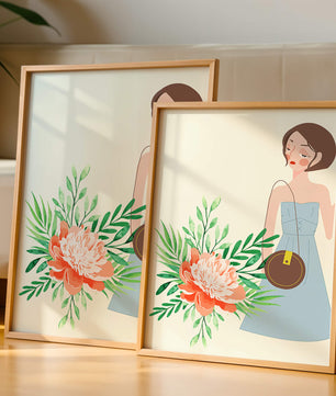 Ilustración de una mujer en vestido azul con diseño floral