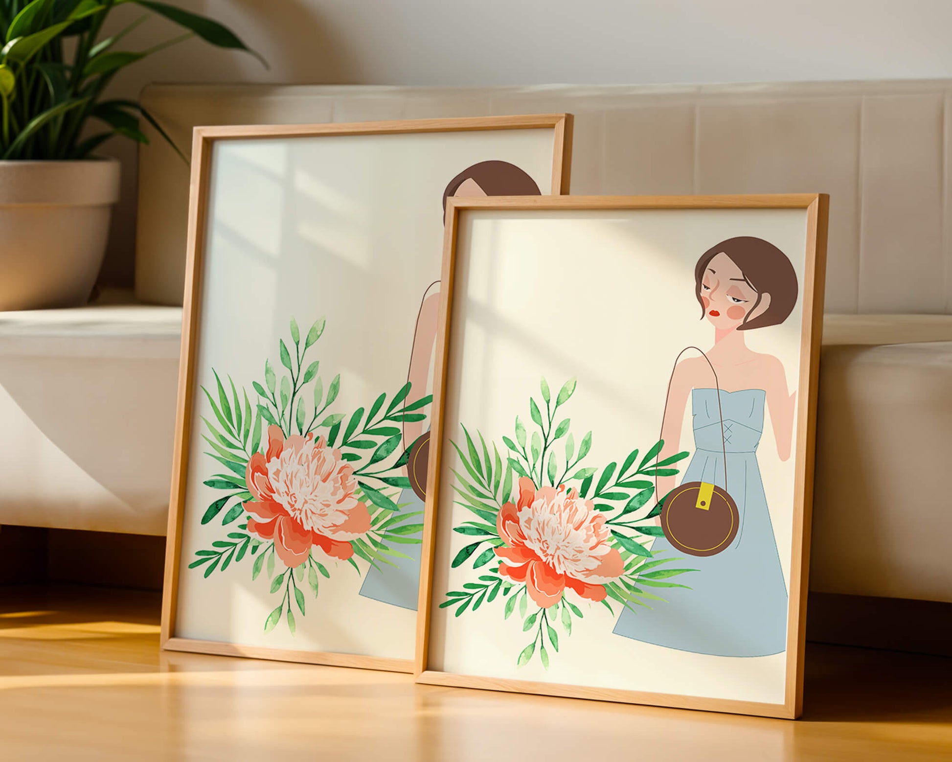 Ilustración de una mujer en vestido azul con diseño floral
