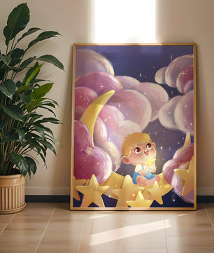 Escena encantadora del cielo nocturno para niños con un niño en una luna creciente