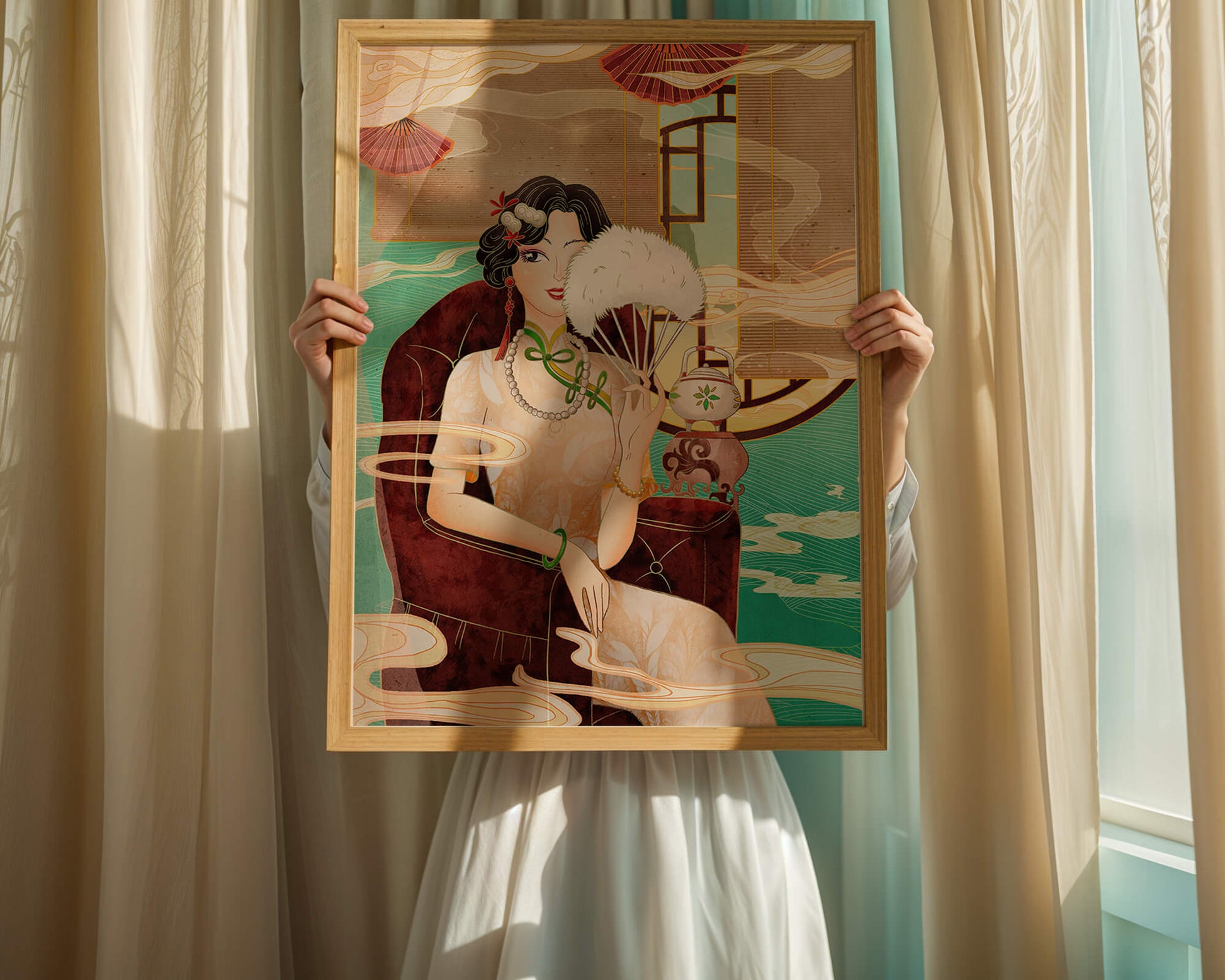 Elegant vintage Asian-inspired artwork featuring a woman with a fan