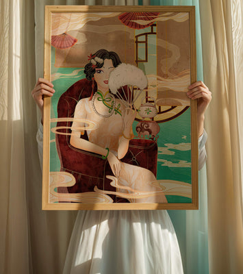 Elegant vintage Asian-inspired artwork featuring a woman with a fan