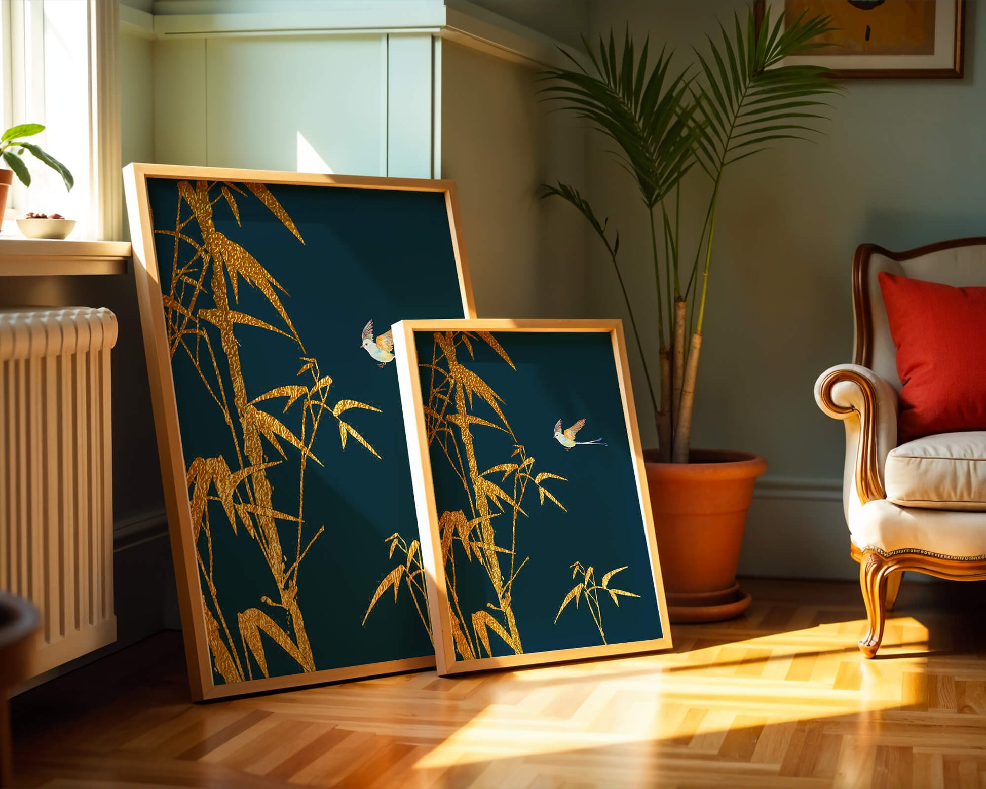 Golden bamboo and bird against a deep blue background