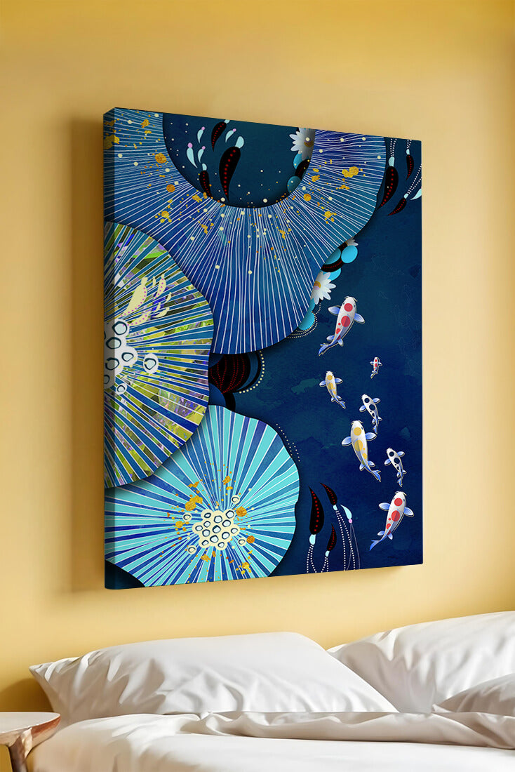 Vibrant underwater scene with koi fish and abstract floral design
