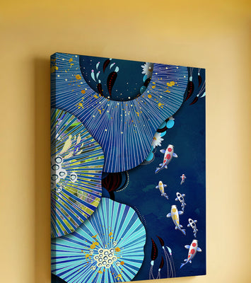 Vibrant underwater scene with koi fish and abstract floral design