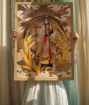 Elegant woman in traditional attire amidst golden wheat field and oriental architecture