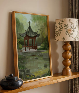Tranquil Asian garden scene with traditional pagoda and serene pond