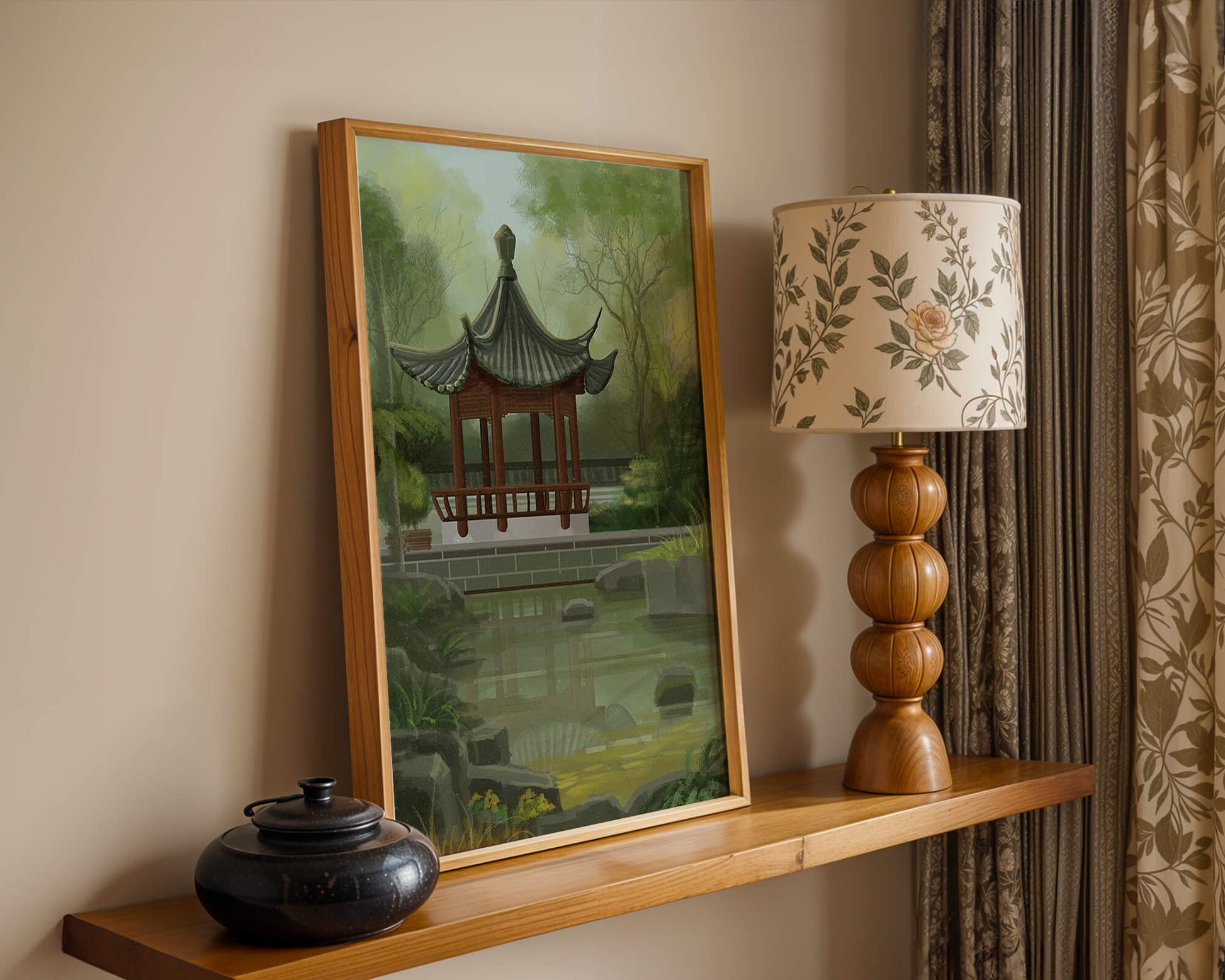 Tranquil Asian garden scene with traditional pagoda and serene pond