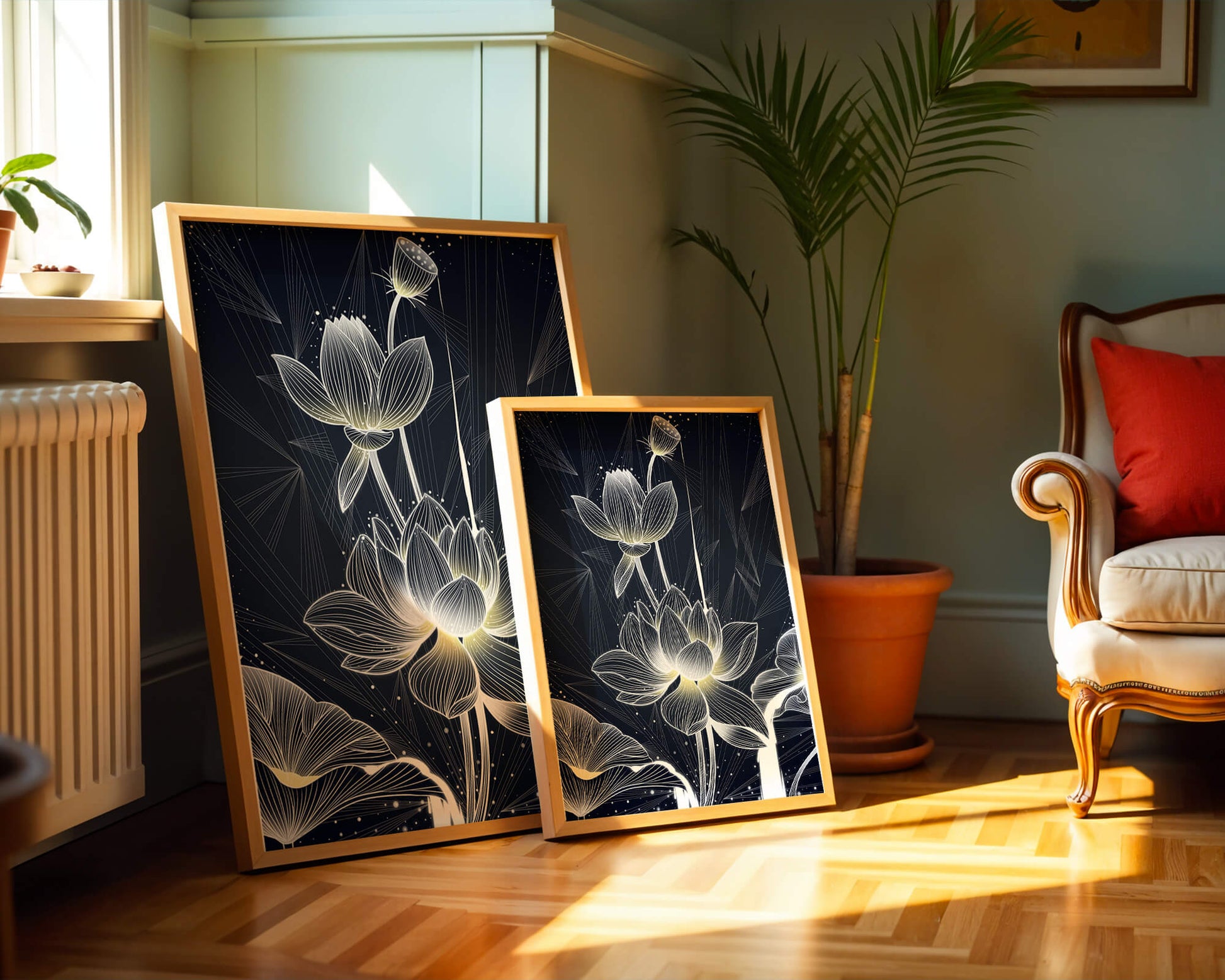 Elegant Lotus Flower Illustration with Geometric Background